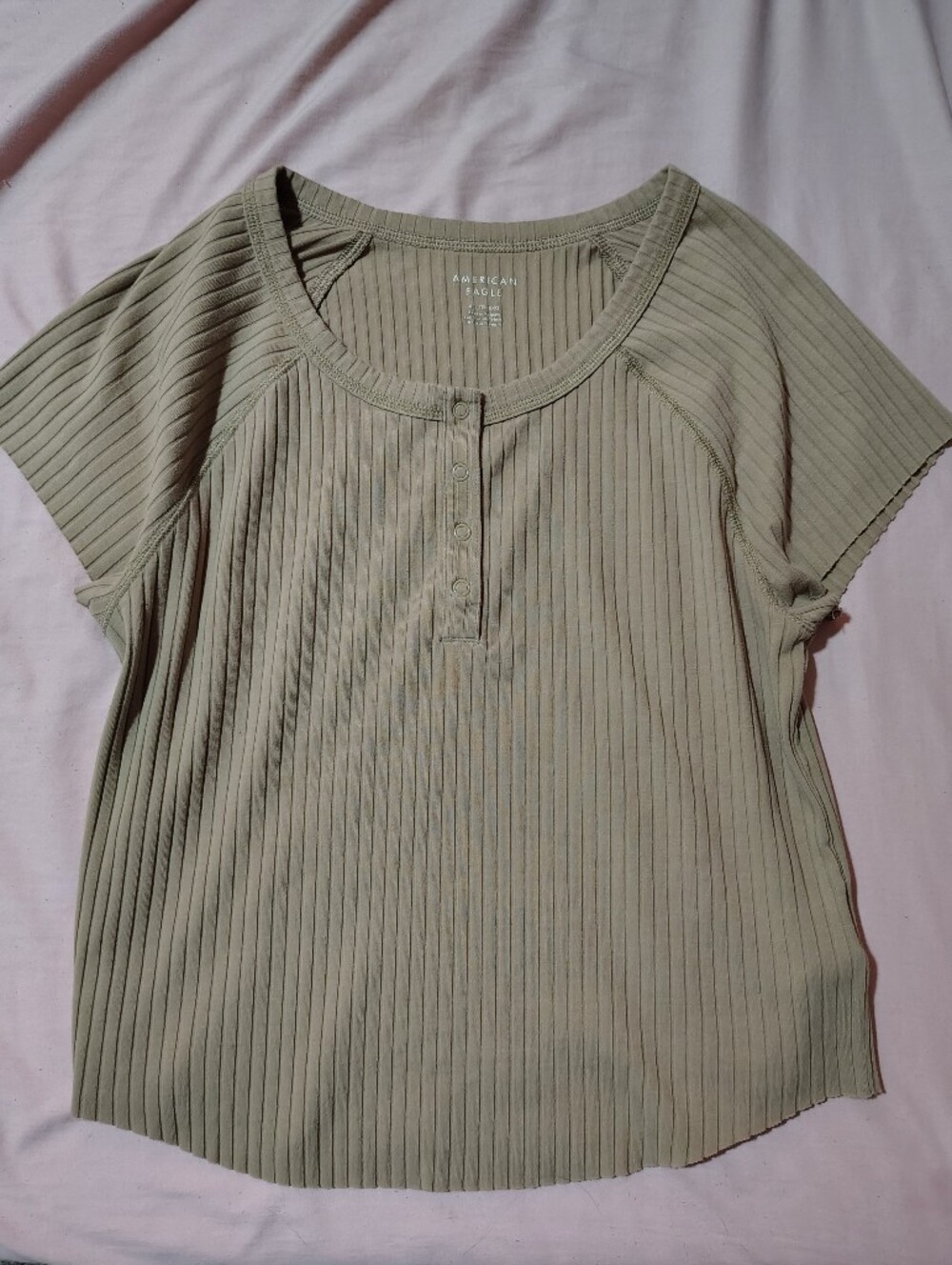 Ribbed Short Sleeve Henley Shirt - Khaki